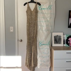 Camille la Vie champagne sequin prom dress